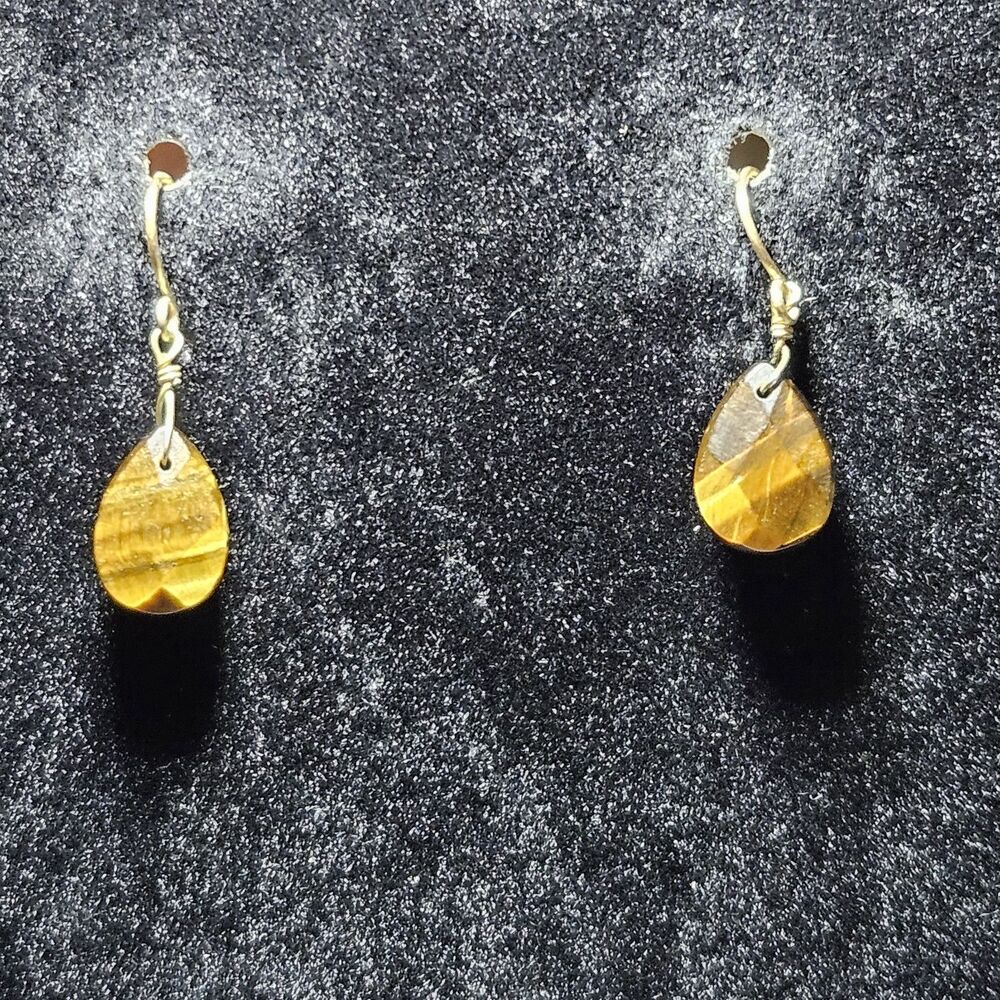 Gold Tone Faceted Teardrop Shaped Tiger's Eye Stone Earrings